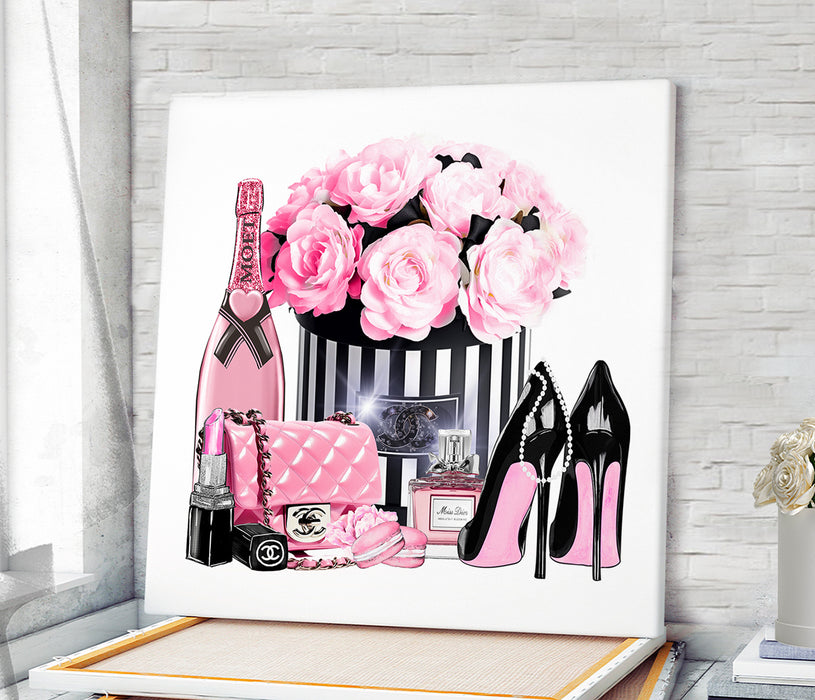 Fashion print with pink roses - Fashion wall art - Canvas Wall Art - Fashion Poster