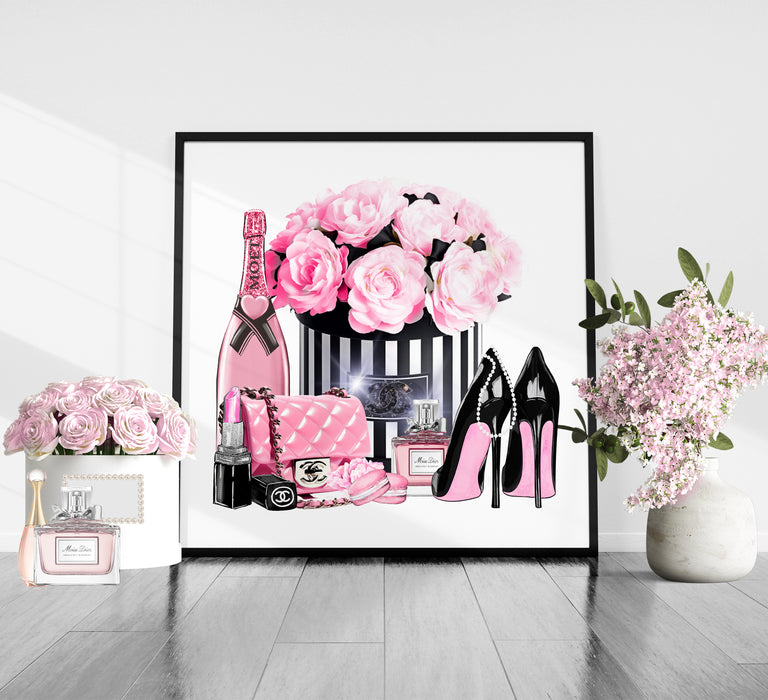 Fashion print with pink roses - Fashion wall art - Canvas Wall Art - Fashion Poster